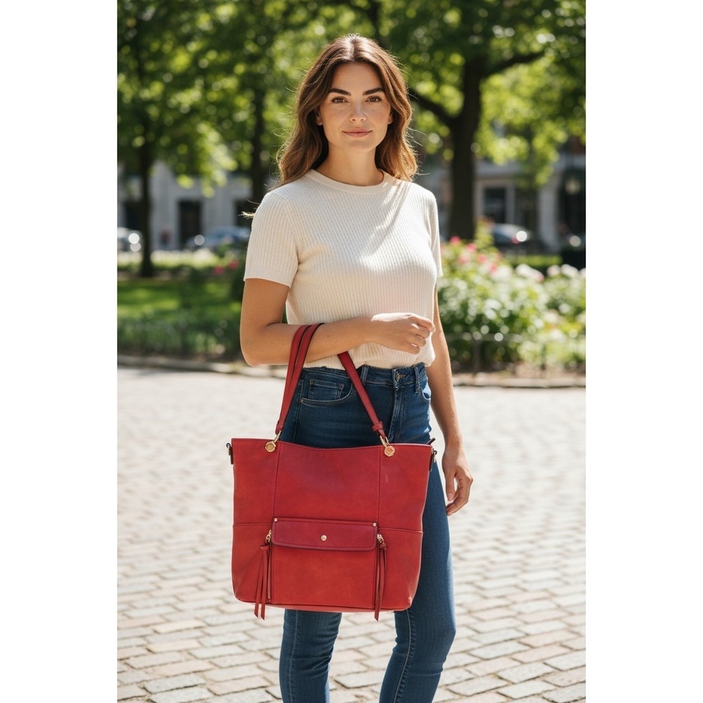 Large Red Faux Leather Tote Shoulder Bag Vegan Unbranded